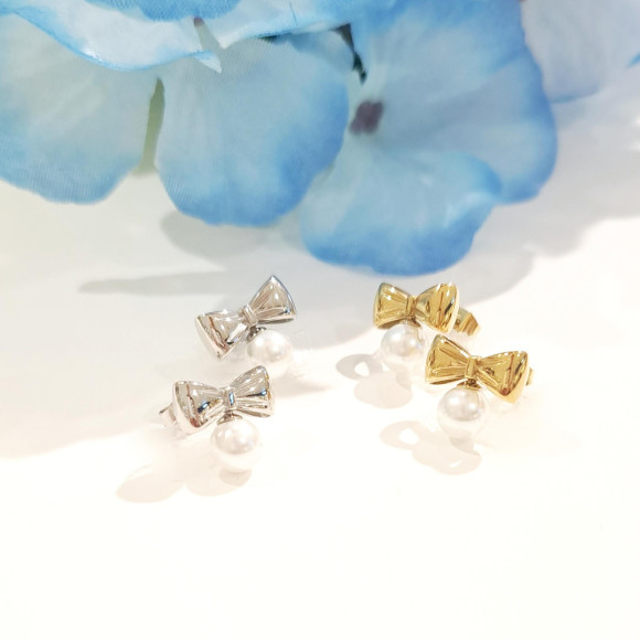 丝带×珍珠不锈钢耳环