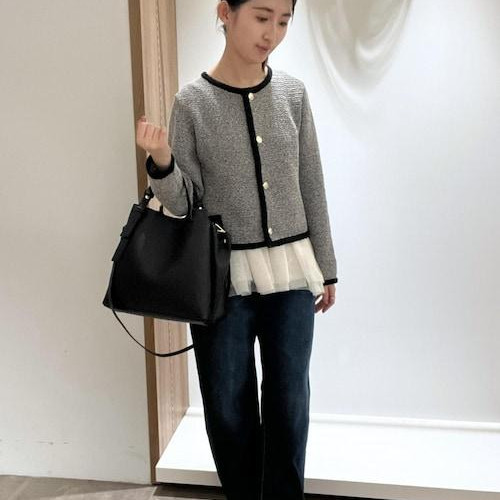 サマーツイード風ニットカーディガン　キレイめレイヤードコーデ