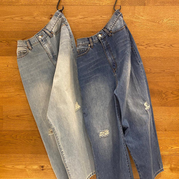 ダメージデニムワイドテーパードパンツ