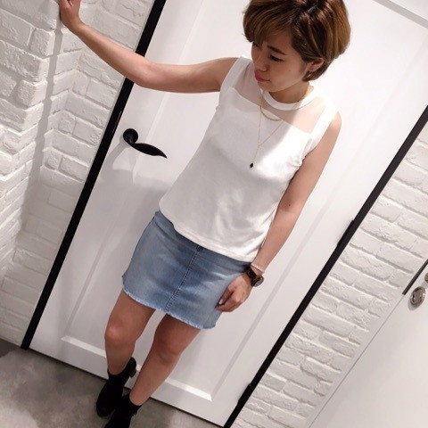 【新作】チュール切替ノースリTOPS & デニムカットオフSK