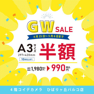 ゴールデンウィークSALE★スマホ・デジカメプリントA3サイズ：半額！