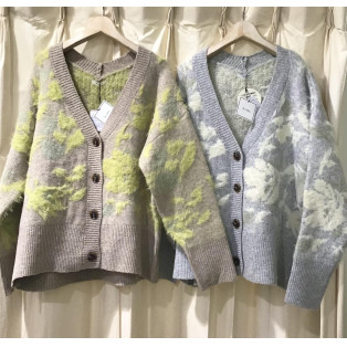もちもち×フェザーヤーン ニット 花柄ジャガード Vネック カーディガン