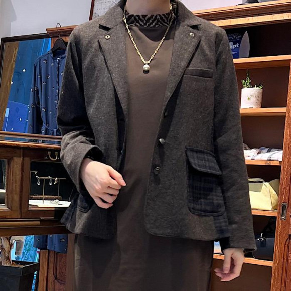 無地×チェックコンビ　パッチワークジャケット