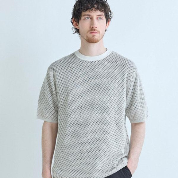 クルーネックバイアスメッシュニット半袖Tシャツ