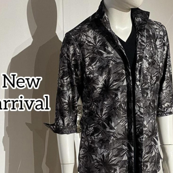 【canal deux Luxe】ボタニカル×ギンガム メッシュトリコット スタンドカラー7分袖シャツ