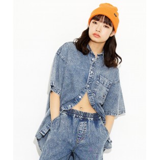 CHEMICAL WASH DENIM FACE EMBROIDERY S/S SHIRT