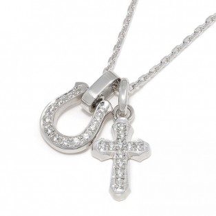 Horseshoe Amulet + Smooth Cross Set Necklace - Silver w/CZ