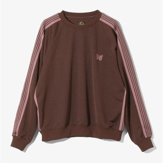 เข็ม NEEDLES/ เสื้อเชิ้ต /TRACK CREW NECK SHIRT - POLY SMOOTH -BROWN- รถบรรทุกเสื้อคอกลม