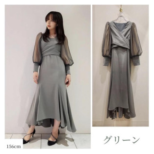 袖チュールウエストクロスドレス