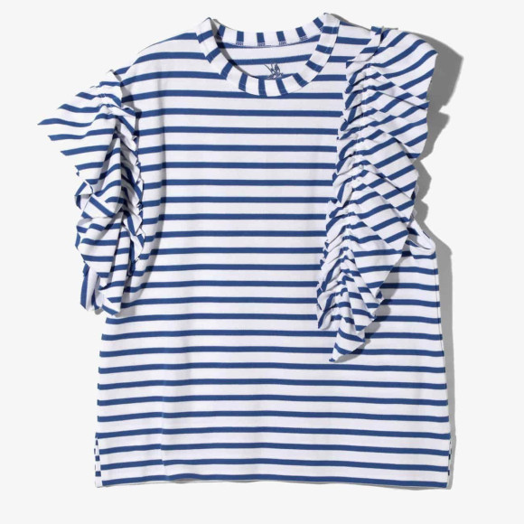 RHODOLIRION/로드리리온 Swallow Asymmetric Frill Sleeve Top - Stripe