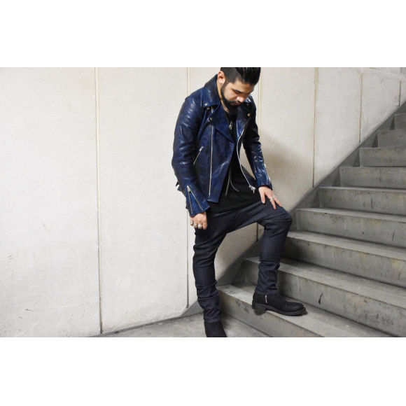 リスト×バックラッシュ レザーライダースジャケット ネイビー