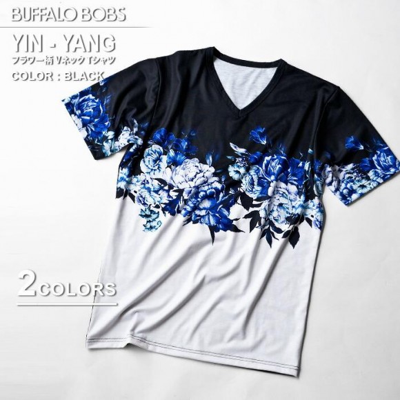 BUFFALO BOBS(バッファローボブズ)YIN-YANG(イン-ヤン)花柄プリント Vネック Tシャツです。 
