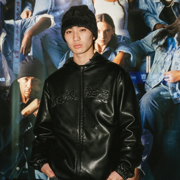 Black Eye Patch / ブラックアイバッチ / HWC B EMBLEM HOODED FAUX LEATHER JACKET BLACK