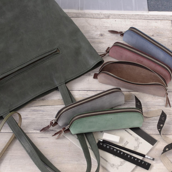 義大利皮革×櫪木皮革薄的筆盒