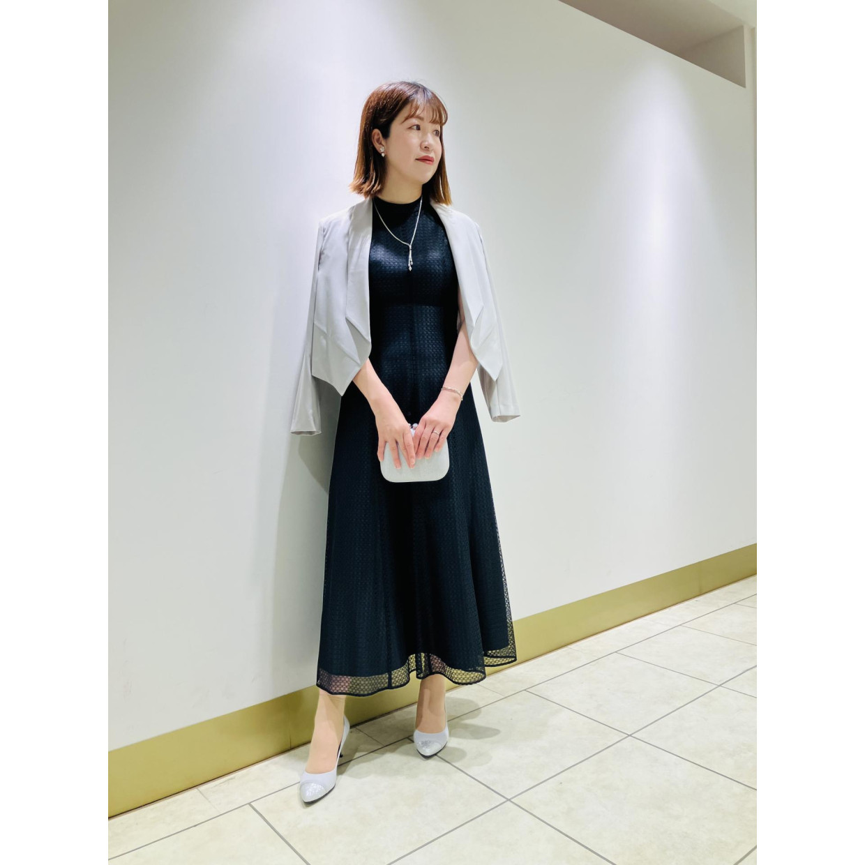 シアーチェックレースハイネックドレス