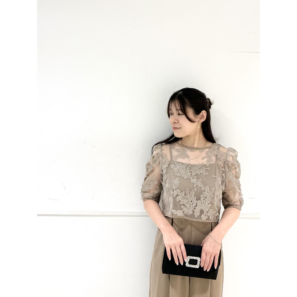 フラワーモチーフラメ刺繍ブラウス×ツイルキャミソールオールインワン2点セットドレス