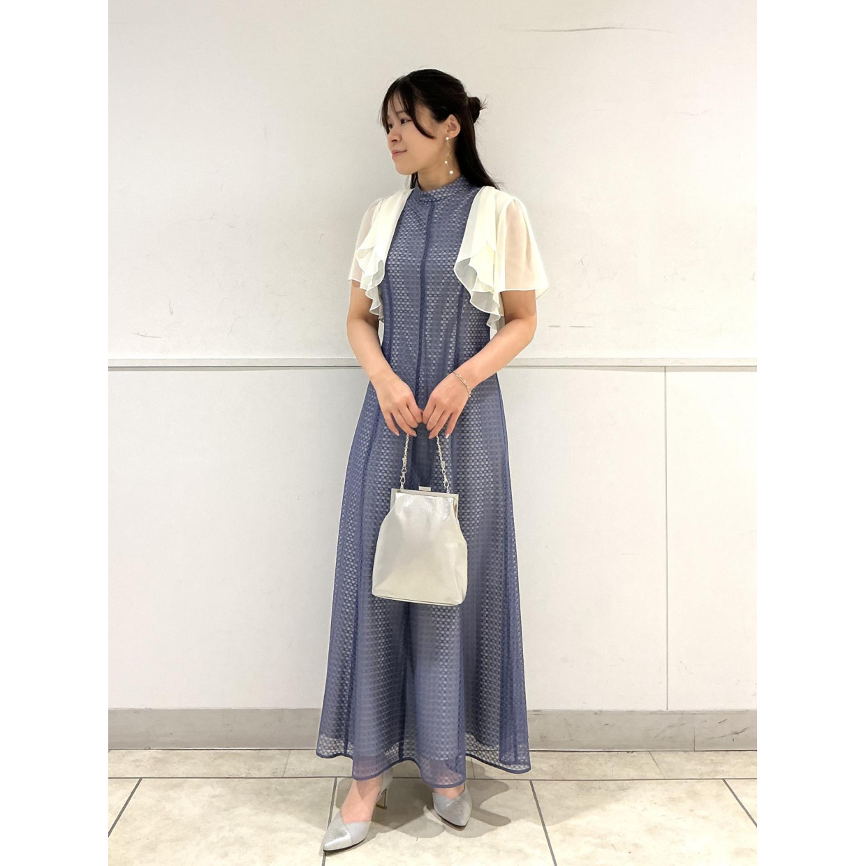 シアーチェックレースプチハイネックドレス