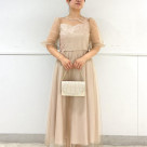 アシンメトリーモチーフレース チュールパフスリーブドレス