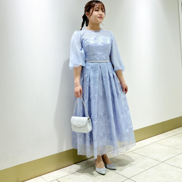 オーガンジー花柄刺繍ボリュームスリーブドレス