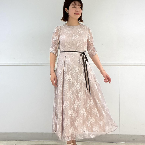 Satin ribbon belt lame lace dress