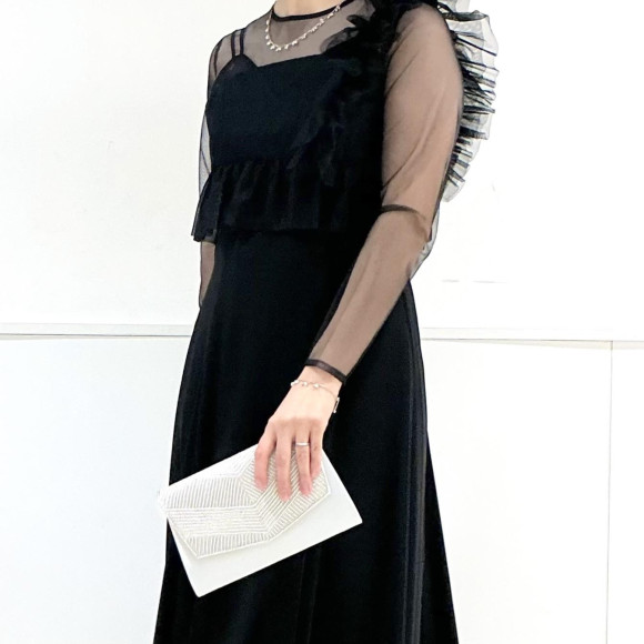 アシメフリルビスチェ×ロングスリーブフレアドレス2点セット