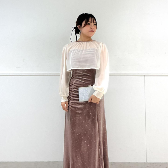 オーガンジーカフススリーブブラウス×箔ドットベロアギャザーデザインドレス2点セット