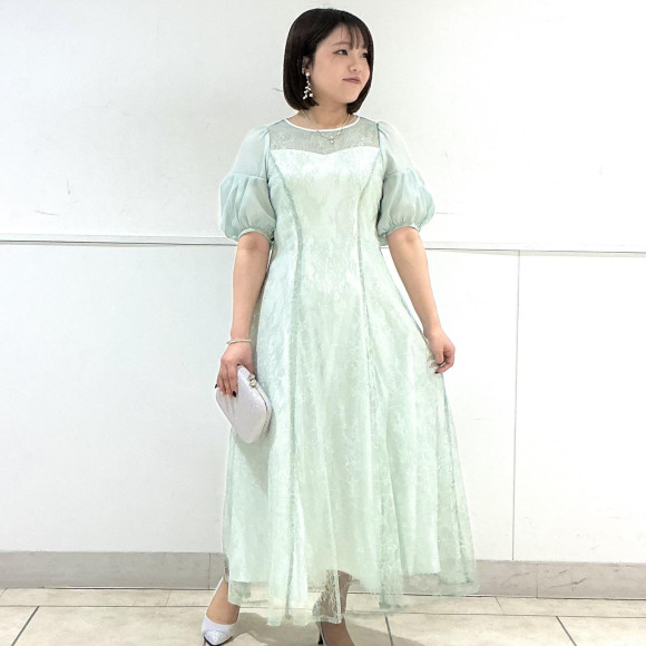オーガンジーボリュームスリーブスパンコールレースAラインドレス