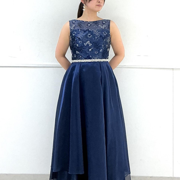 ラメ刺繍×アシンメトリーヘムアンクル丈ドレス