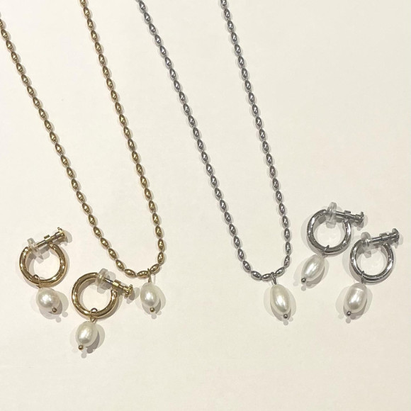 淡水パールボールチェーンネックレス&フープイヤリング