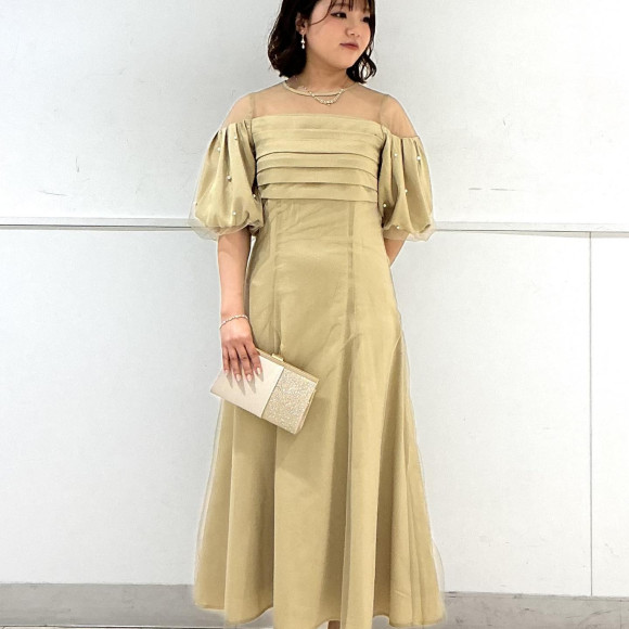 チュール×ヴィンテージサテンパールパフスリーブドレス