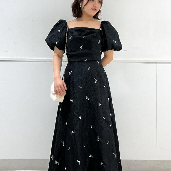 3wayスリーブフラワー刺繍ジャガードドレス