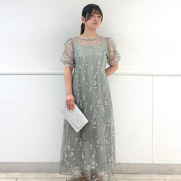 配色フラワー刺繍チュールAラインドレス