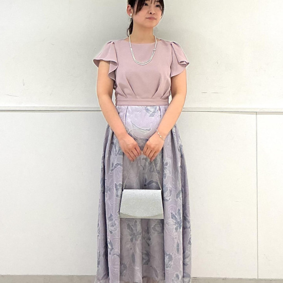 ジョーゼットプリントモール刺繍フレアドレス