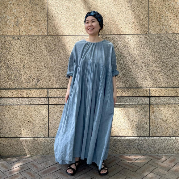 藍ダンガリーインドカディのプリーツドレス