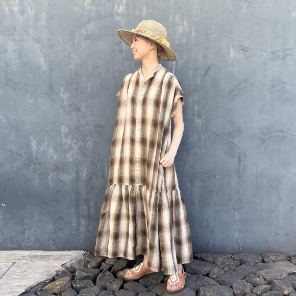 インドリネンツイルのシャドーチェックイースタンMドレス