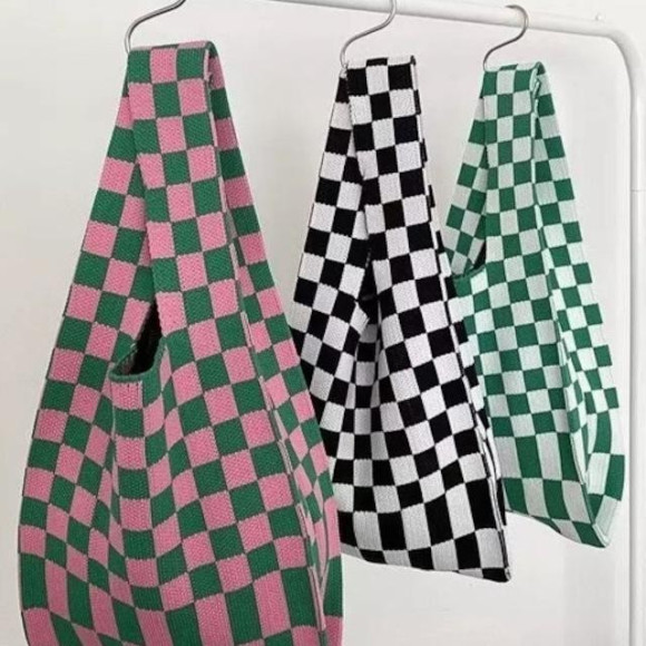 ブロックチェック　ニット　トートバッグ