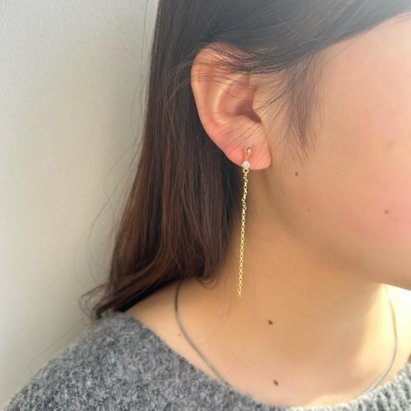 【金属アレルギー対応】ロングチェーン ポイントビジュー ノンホールピアス/イヤリング