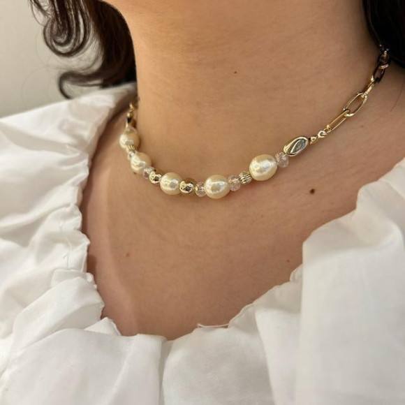パールビーズ×チェーン コンビ ショートネックレス