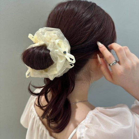 オーガンジー ボリューム リボン シュシュ