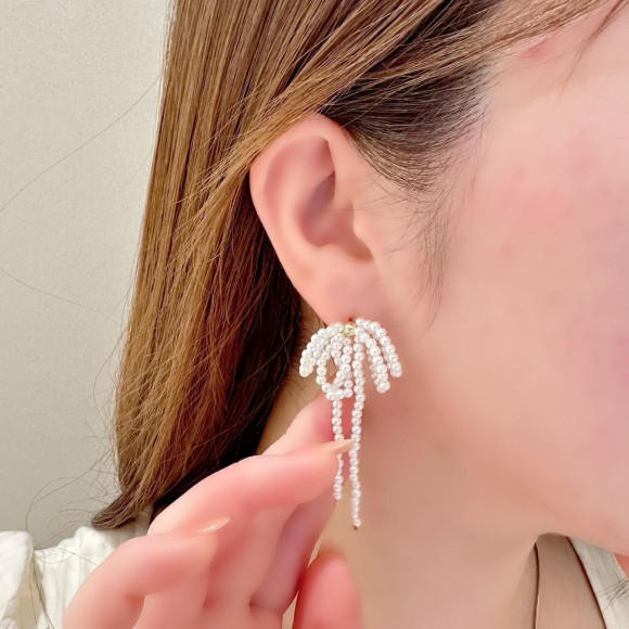 パール ビーズ リボン ピアス/silverポスト