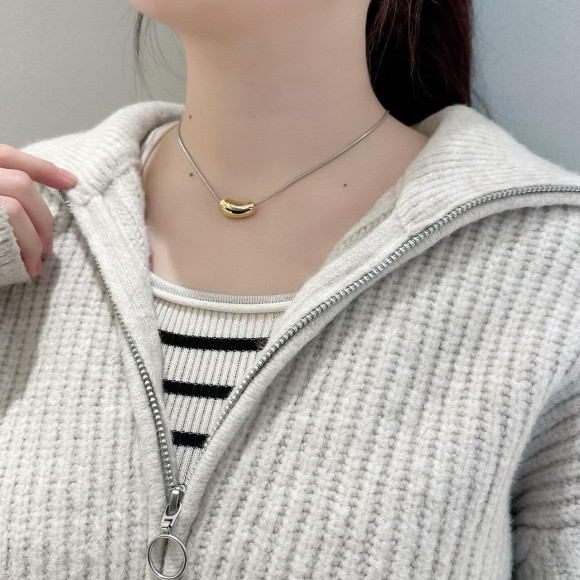 ミックスメタル ロングチェーン ビーンズ ネックレス