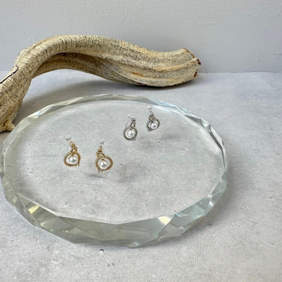 【金属アレルギー対応】ミニ ダブルサークル パール ノンホールピアス/イヤリング