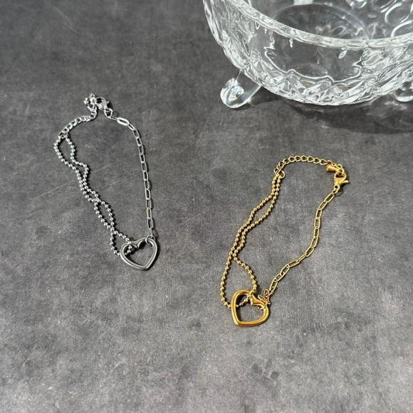 【金属アレルギー対応】スクエアチェーン ハート ブレスレット/サージカルステンレス