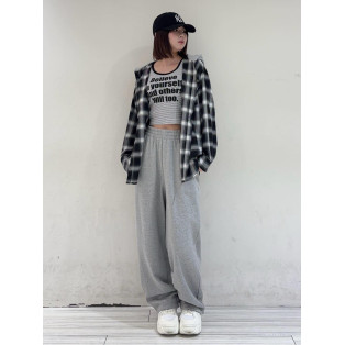 裏毛フードチェックシャツ×スウェットワイドパンツ