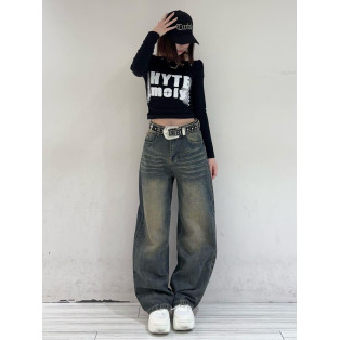 ベルトロゴオフショルTOP×ブラストバギーデニム