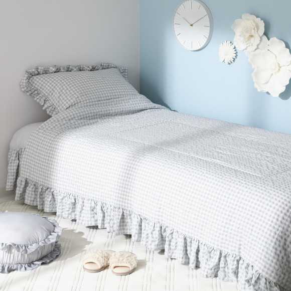 【SALE】ふわろ冷感肌掛けふとん フリルチェック ホワイト×グレー