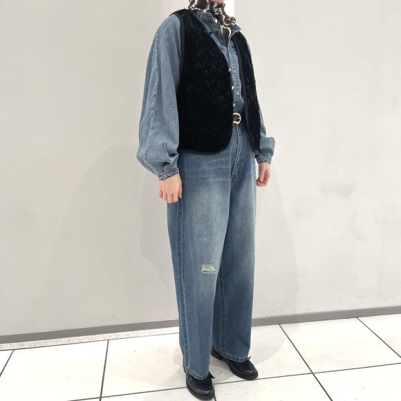 カットワークデニム　スタンドネックブラウス