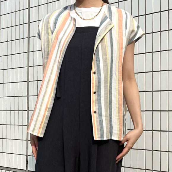 リネンマルチストライプ　フレンチブラウス