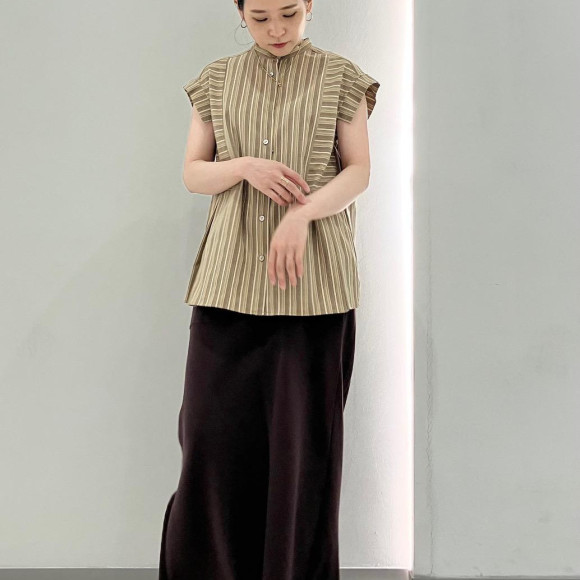 ストライプローン　切替タックブラウス