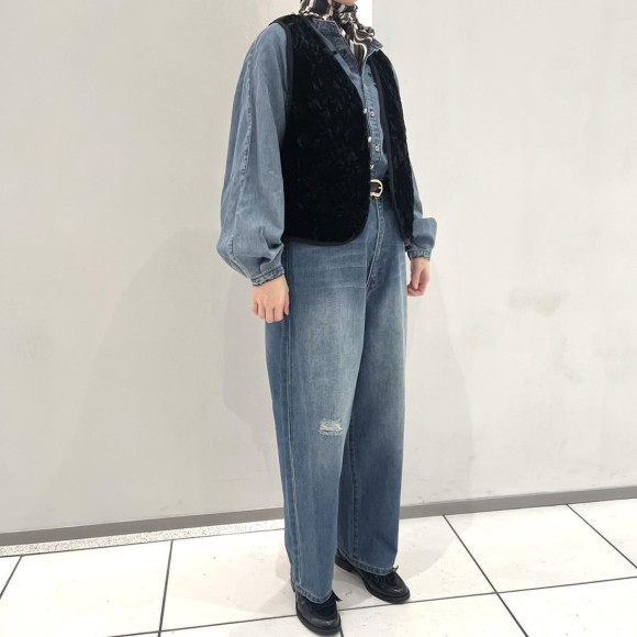 カットワークデニム　スタンドネックブラウス